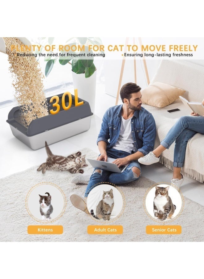 صندوق فضلات للقطط مصنوع من الفولاذ المقاوم للصدأ مع غطاء، صندوق فضلات كبير جدًا مغلق للقطط الكبيرة والقطط الصغيرة، سهل التنظيف، مجرفة مدمجة (ستانلس ستيل) - Image 2